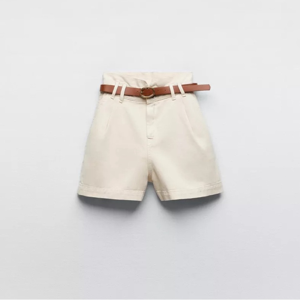 Zara Belted Baggy Paperbag Denim Shorts in Ecru